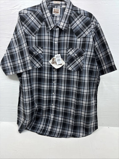 New Men’s ELY Cattleman Grey Black Short Sleeve Pearl Snap 3XL E-40