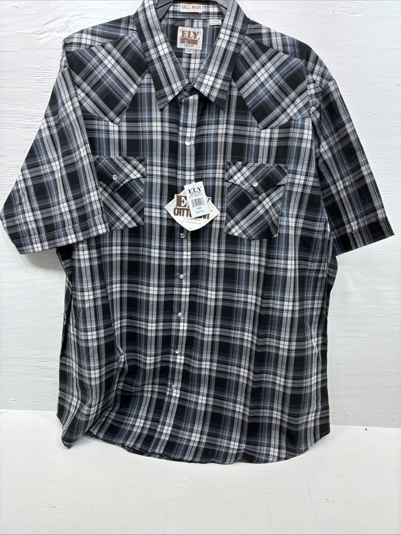 New Men’s ELY Cattleman Grey Black Short Sleeve Pearl Snap 3XL E-40