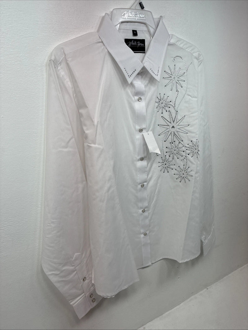 New Women’s White Horse White Gem Long Sleeve Pearl Snap XL II-29