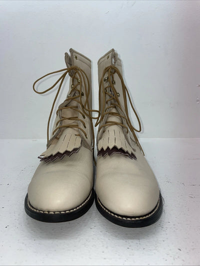 New Women’s Cream Lace Up Acme Cowboy Boots. 0814 10 M. 15-119