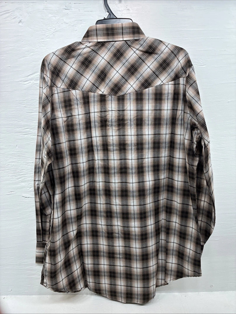 New Men’s ELY Cattleman Brown Plaid Long Sleeve Pearl Snap XL O-42