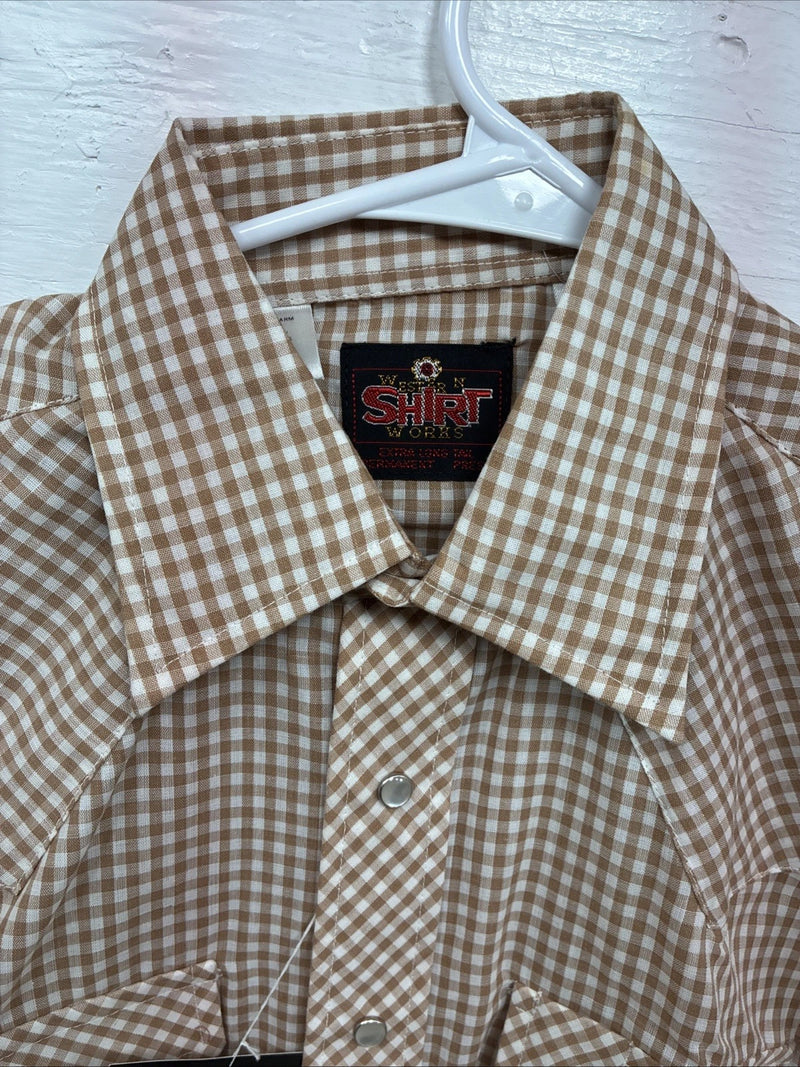 New Mems Western Shirt Brown Checkered Short Sleeve Pearl Snap Small AA-103