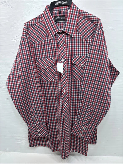New Men’s White Horse Red Plaid Long Sleeve Pearl Snap XL J-25