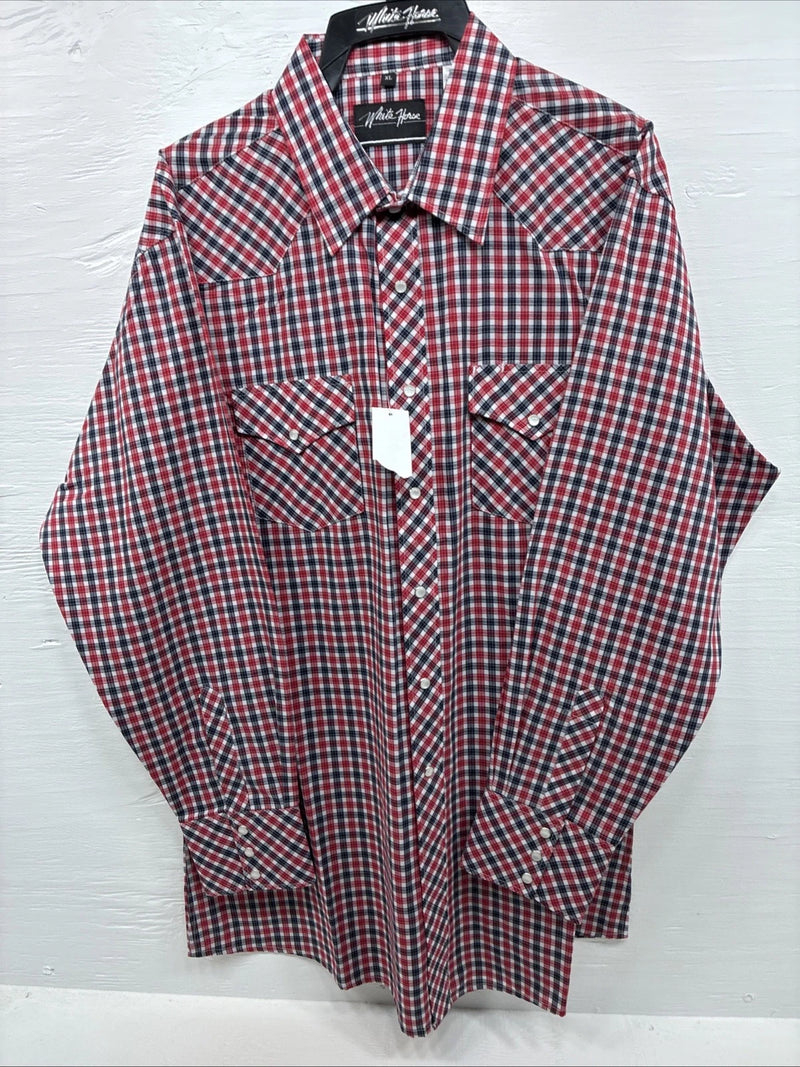 New Men’s White Horse Red Plaid Long Sleeve Pearl Snap XL J-25
