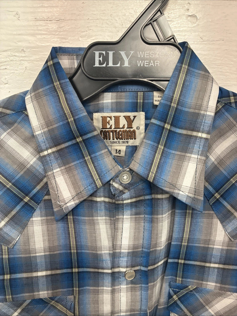 New Kids ELY Cattleman Blue Plaid Long Sleeve Pearl Snap Size 14 DD-39
