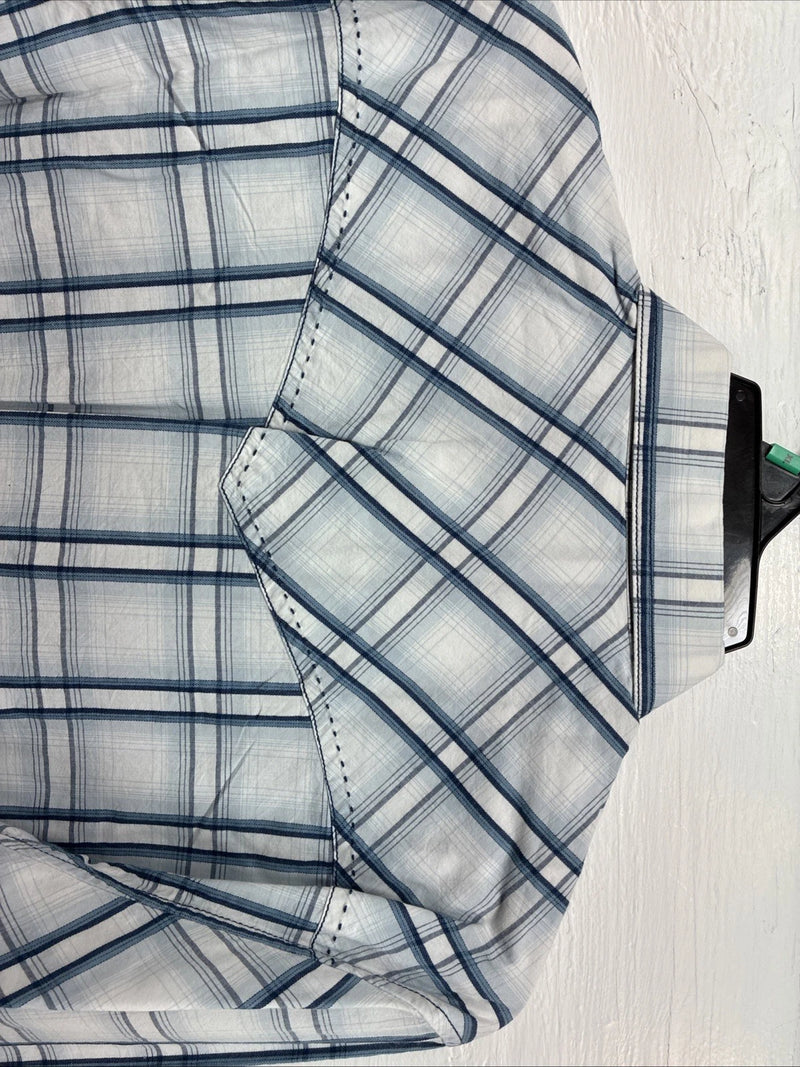 New Men’s ELY 1878 White Blue Plaid Long Sleeve Pearl Snap XL J-38