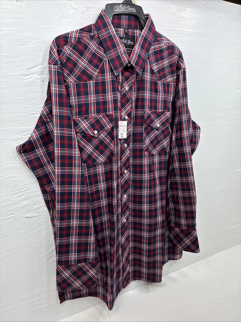 New Men’s White Horse Red Navy Blue Plaid Long Sleeve Pearl Snap XL H-78