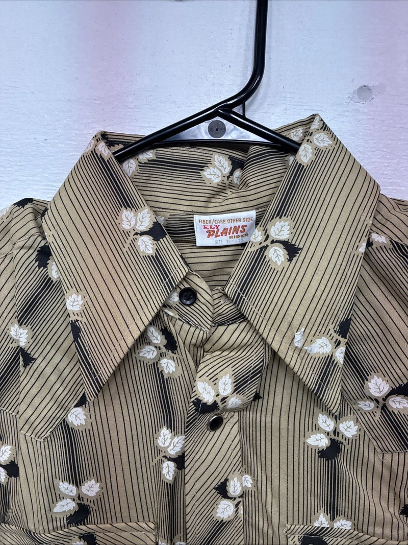 New Men’s ELY Plains Tan Black Floral Long Sleeve Pearl Snap 15.5 Large LL-91