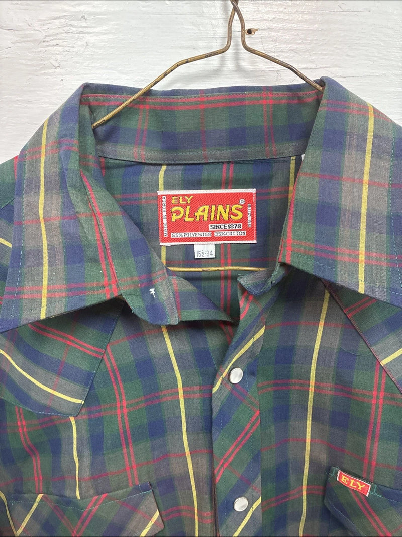 New Men’s ELY Plains Green Plaid Long Sleeve Pearl Snap 16.5 X 34 Large AA-43