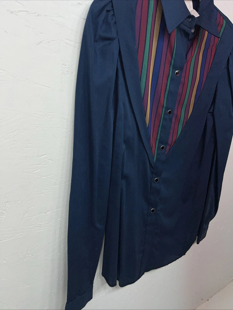 New Women’s HbarC California Ranchwear Navy Strip Long Sleeve Button Up 3B-83
