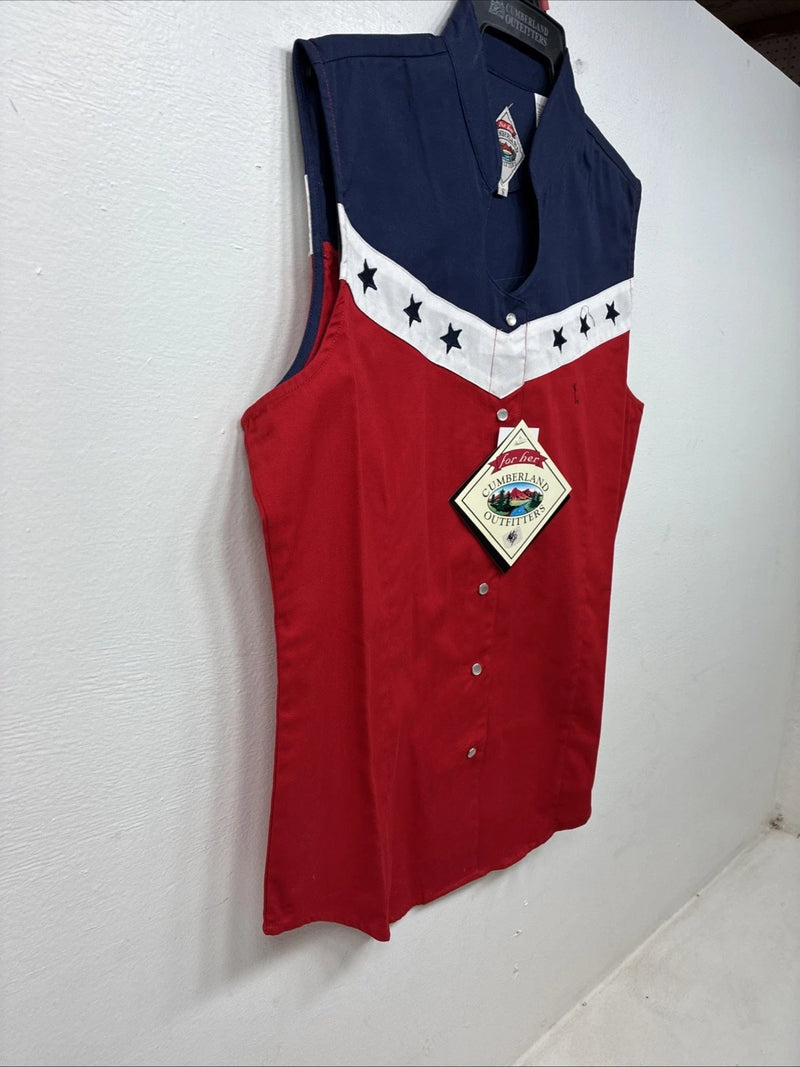 New Women’s Cumberland Red Blue Sleeveless Pearl Snap Small TT-19