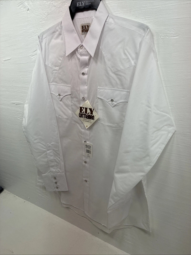 New Men’s ELY Cattleman White Long Sleeve Pearl Snap 16.5 X 34 Large X-38
