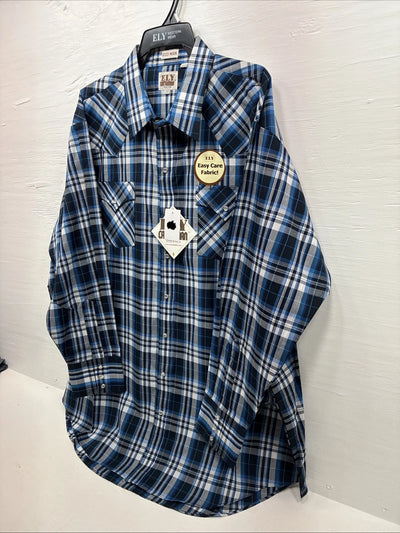 New Men’s ELY Cattleman Blue Long Sleeve Pearl Snap 3XL E-36