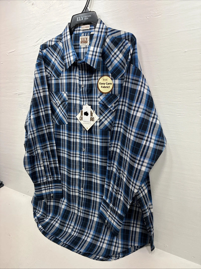 New Men’s ELY Cattleman Blue Long Sleeve Pearl Snap 3XL E-36