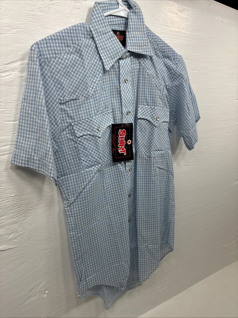 New Men’s Western Shirts Blue Checkered Short Sleeve Pearl Snap Small J-72