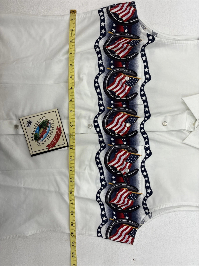 New Women’s Cumberland White Flag Design Short Sleeve Pearl Snap Medium LL-84