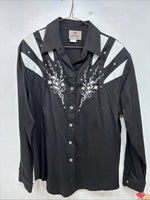 New Women’s 1849 RanchWear Black White Design Long Sleeve Button Up Large 3B-9
