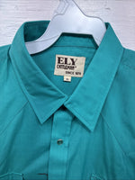 New Men’s ELY Cattleman Teal Short Sleeve Pearl Snap 16 Large AA-109