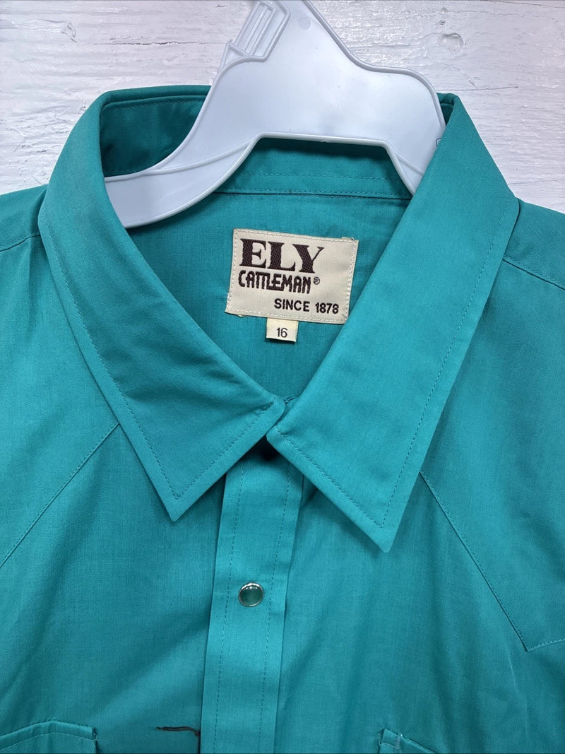 New Men’s ELY Cattleman Teal Short Sleeve Pearl Snap 16 Large AA-109