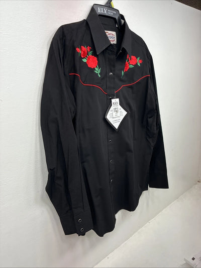 New Women’s Country Charmers Black Rose Long Sleeve Pearl Snap Large II-70