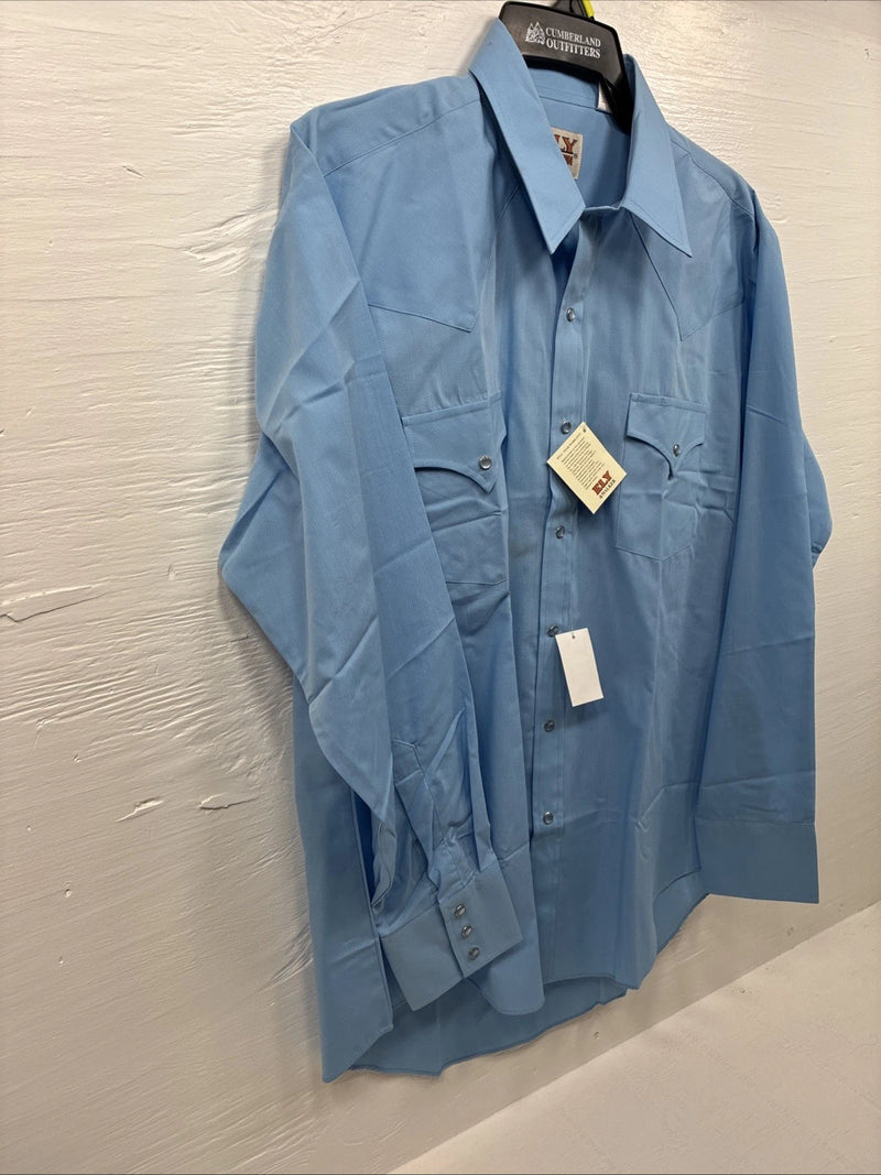 New Men’s ELY Cattleman Simple Blue Long Sleeve Pearl Snap 16.5 Large Q-86
