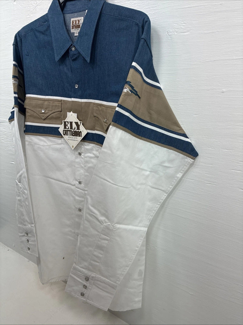 New Men’s ELY Cattleman White Blue Tan Western Long Sleeve Pearl Snap XL R-55