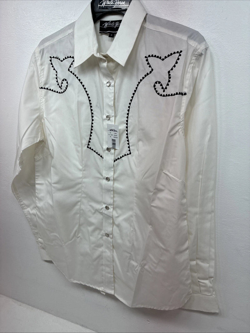 New Women’s White Horse Cream Design Long Sleeve Pearl Snap Medium LL-79
