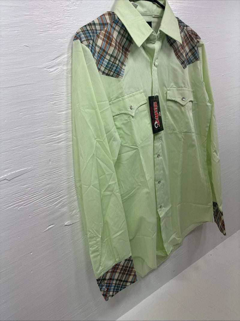 New Men’s Western Shirts Green Plaid Long Sleeve Pearl Snap 15.5 Medium K-99