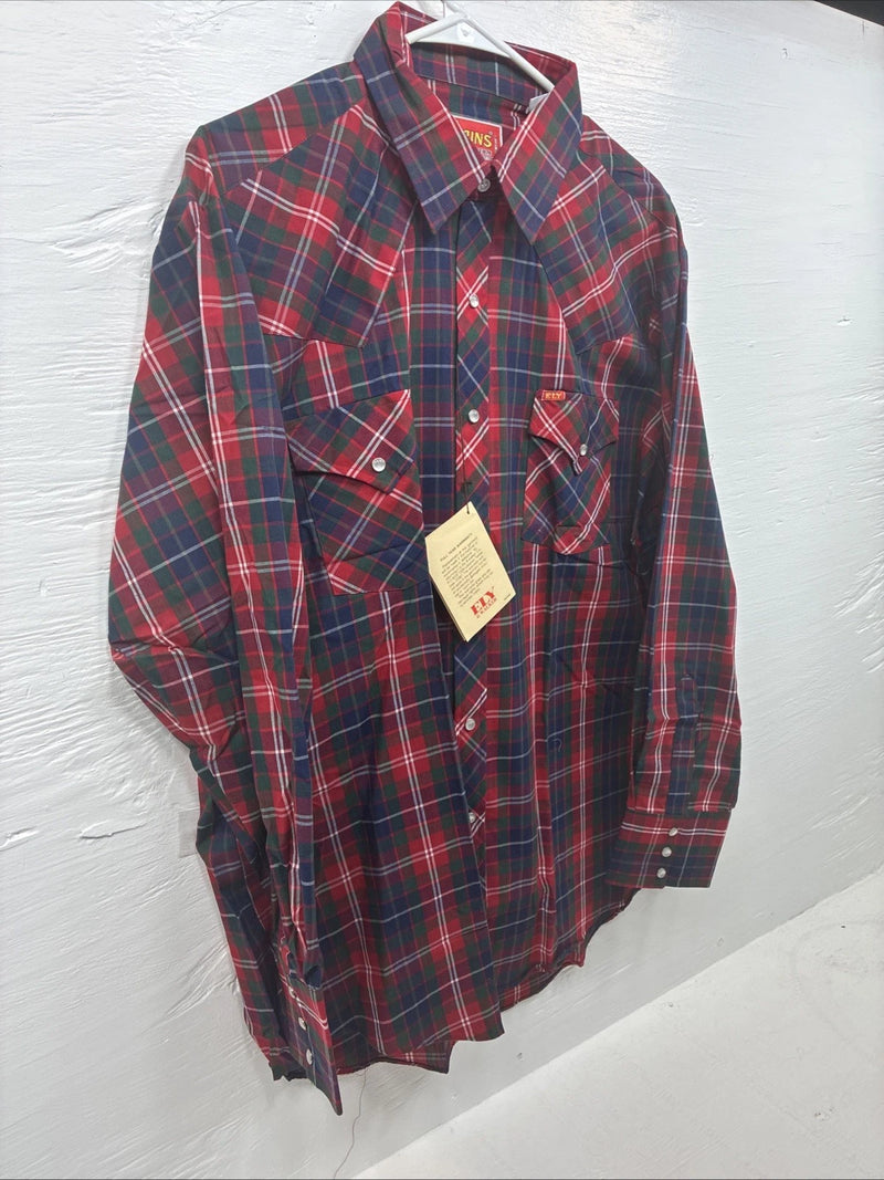 New Men’s ELY Plains Red Blue Plaid Long Sleeve Pearl Snap 17 XL T-87