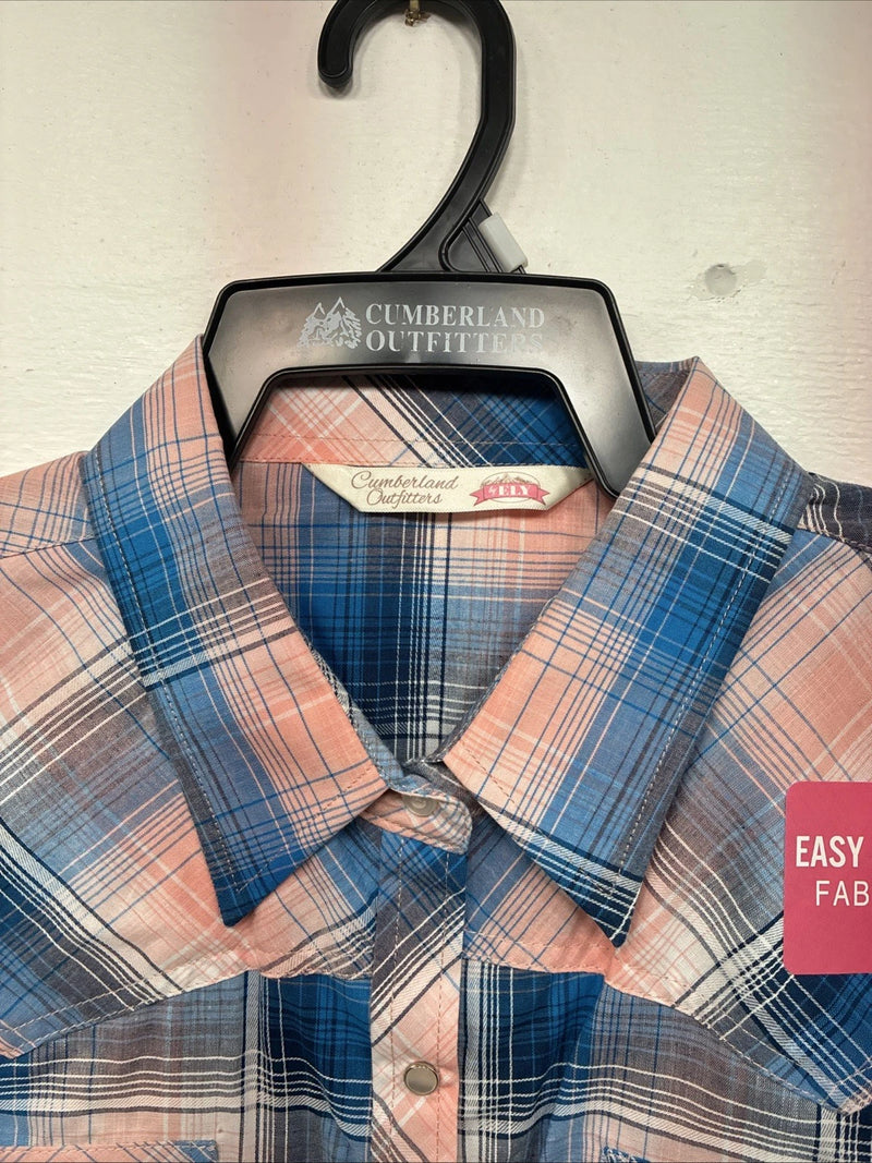 New Women’s Cumberland Pink Blue Plaid Long Sleeve Pearl Snap 1XL Plus GG-39