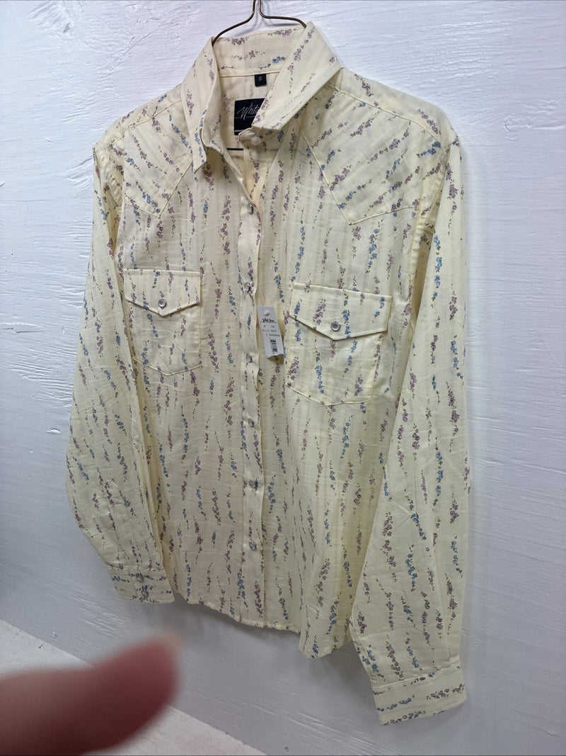 New Women’s White Horse Yellow Floral Long Sleeve Pearl Snap Small DD-47