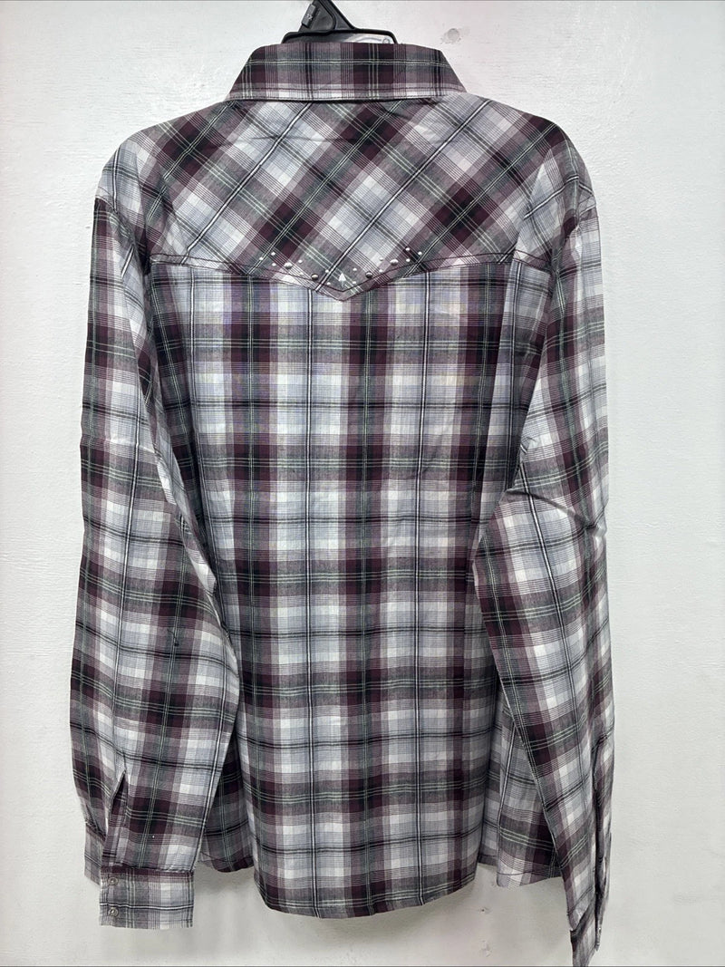 New Women’s Cumberland Purple Plaid Long Sleeve Pearl Snap 1XL KK-79