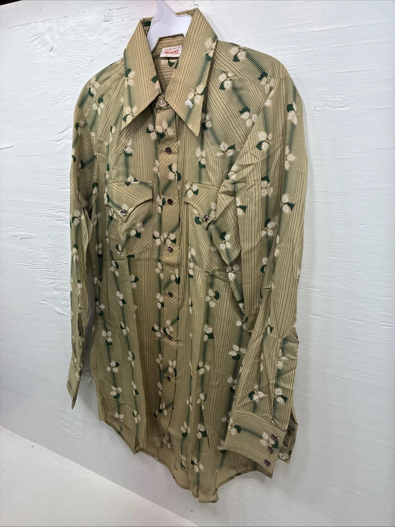 New Men’s ELY Plains Green Floral Long Sleeve Pearl Snap 15.5 X 34 Medium X-14