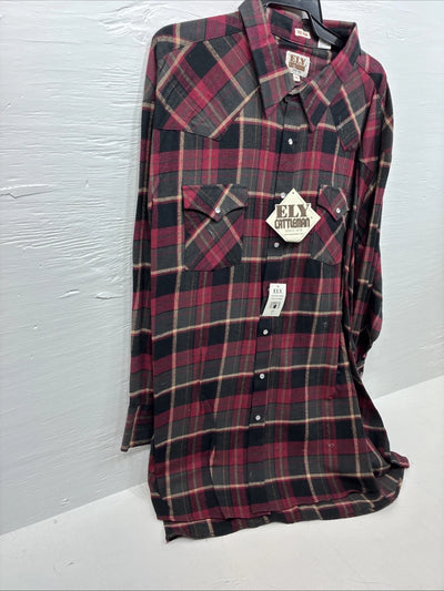 New Men’s ELY Cattleman Red Black Flannel Long Sleeve Pearl Snap 4XL E-82