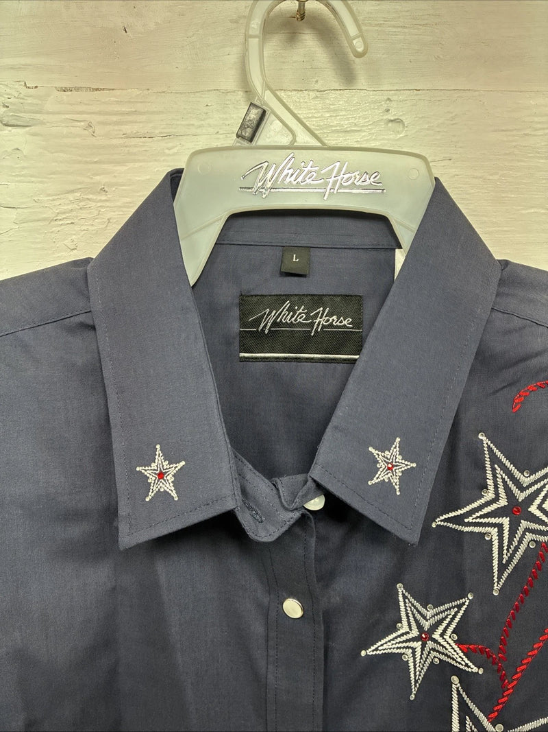 New Girls White Horse Blue Star Design Long Sleeve Pearl Snap Large CC-73
