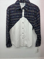 New Women’s Cowboy Threads White Navy Plaid Long Sleeve Button Up Shirt M 3B-75