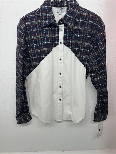 New Women’s Cowboy Threads White Navy Plaid Long Sleeve Button Up Shirt M 3B-75