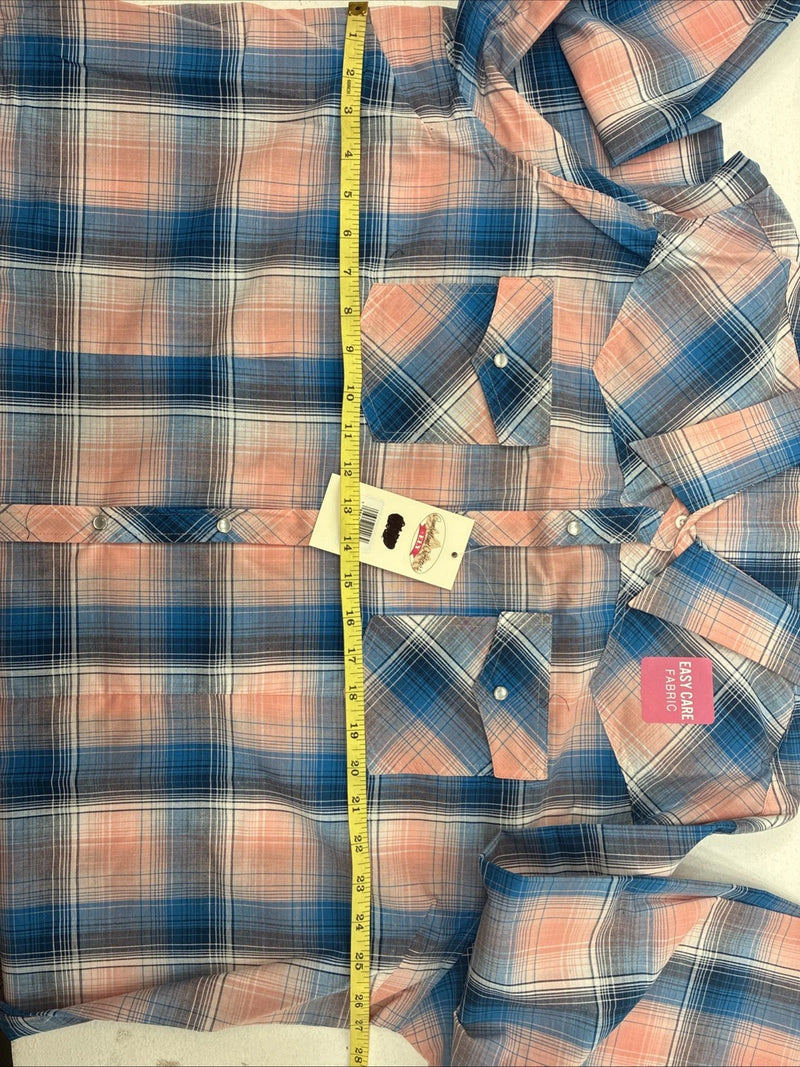 New Women’s Cumberland Pink Blue Plaid Long Sleeve Pearl Snap 3XL GG-47