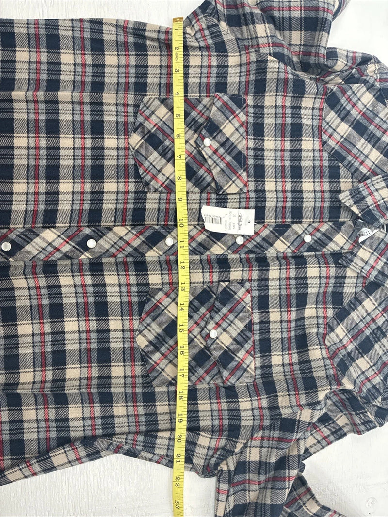 New Men’s White Horse Brown Blue Plaid Long Sleeve Pearl Snap Large V-102