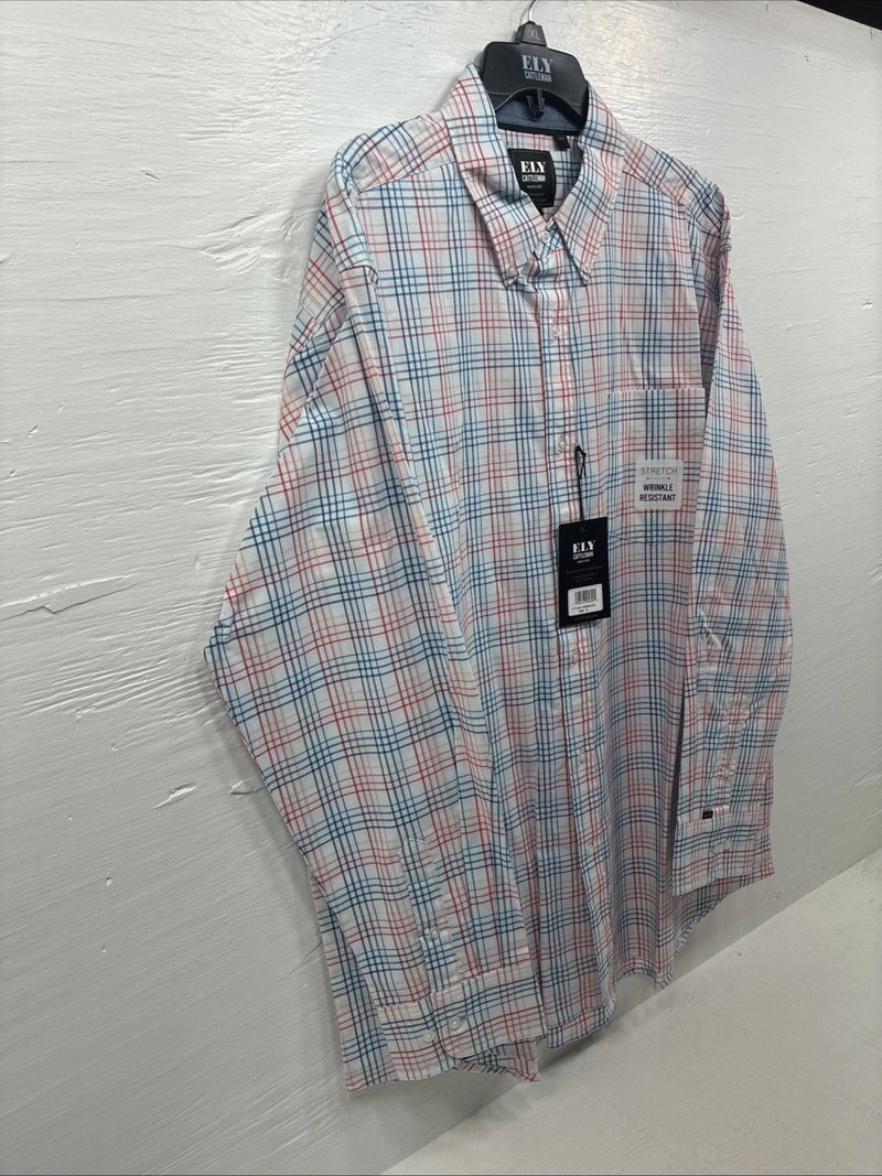 New Men’s ELY Cattleman White Multicolor Plaid Long Sleeve Button Up XL R-52