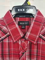 New Men’s ELY 1878 Red Black Plaid Short Sleeve Pearl Snap Large V-112