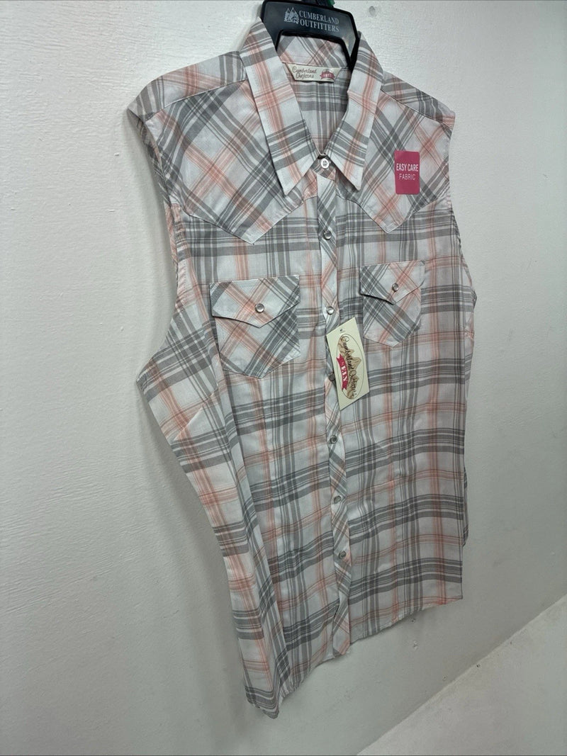 New Women’s Cumberland Pink Gray Plaid Short Sleeve Pearl Snap Large GG-77