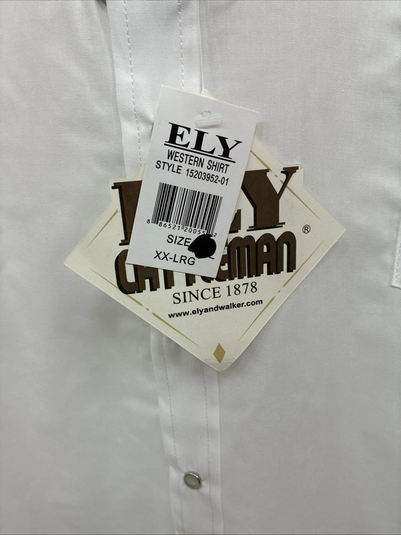 New Men’s ELY Cattleman White Blue Embroidered Long Sleeve Pearl Snap 2XL H-29
