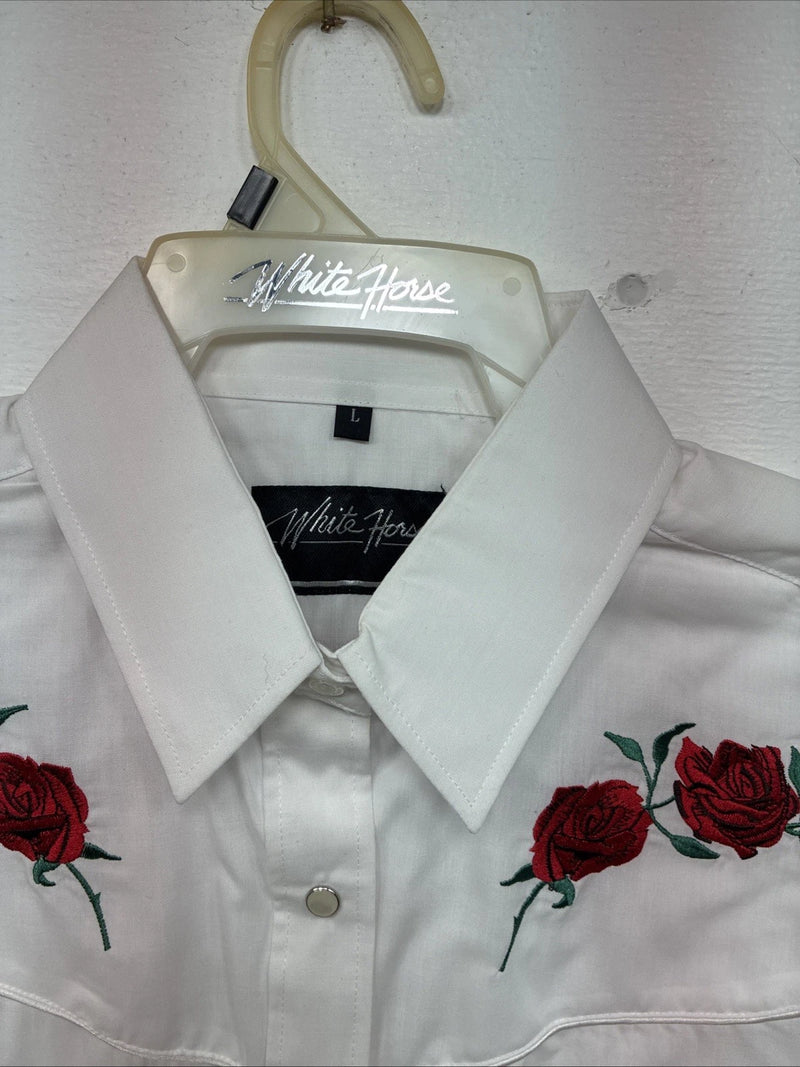New Womens White Horse White Rose Long Sleeve Pearl Snap Large II-91