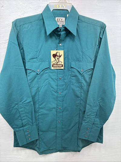 New Men’s ELY Cattleman Teal Simple Long Sleeve Pearl Snap Medium J-92