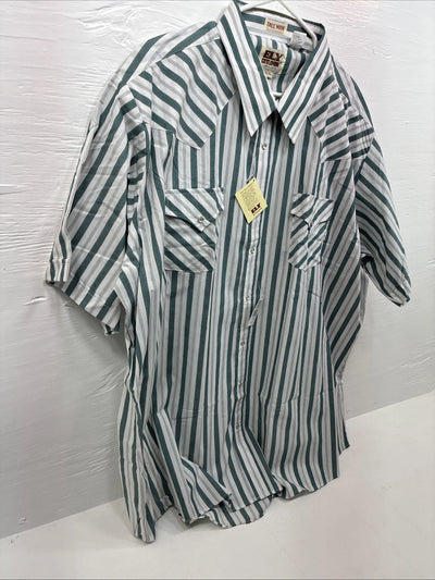 New Men’s ELY Cattleman Blue White Stripe Short Sleeve Pearl Snap 3XL E-41