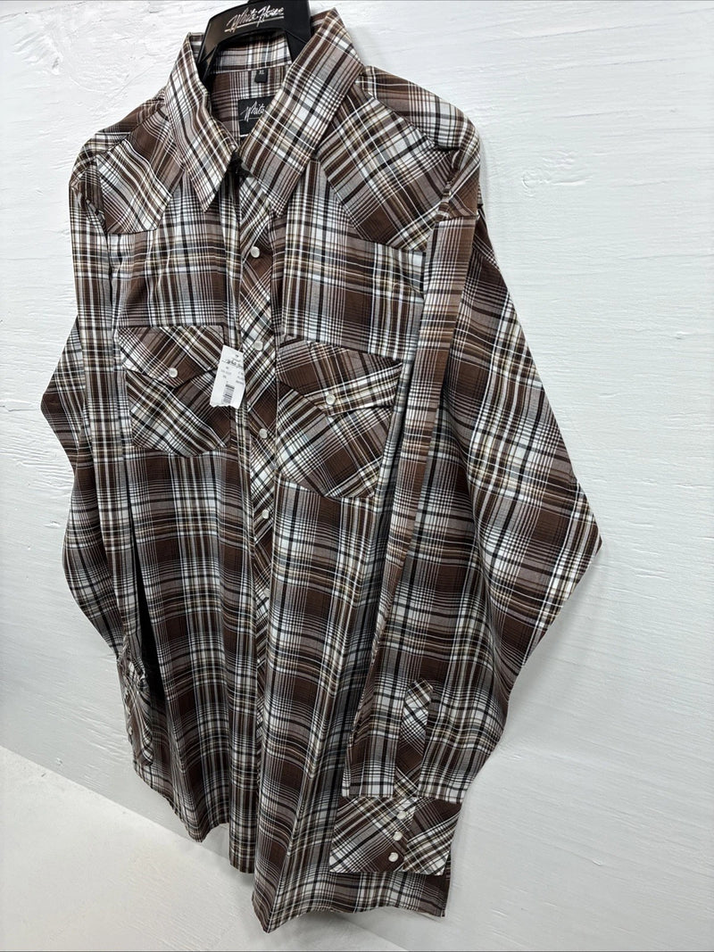 New Men’s White Horse Brown Plaid Long Sleeve Pearl Snap XL H-81