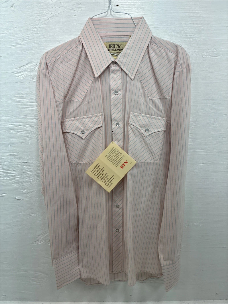 New Men’s ELY Cattleman Pink Stripe Long Sleeve Pearl Snap 16 Large V-111