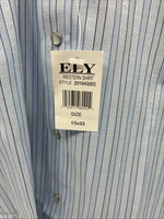 New Men’s ELY Cattleman Blue Stripe Long Sleeve Pearl Snap 15 Medium AA-72