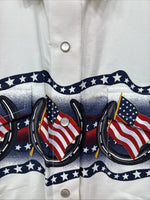 New Women’s Cumberland White Flag Design Short Sleeve Pearl Snap Large II-67